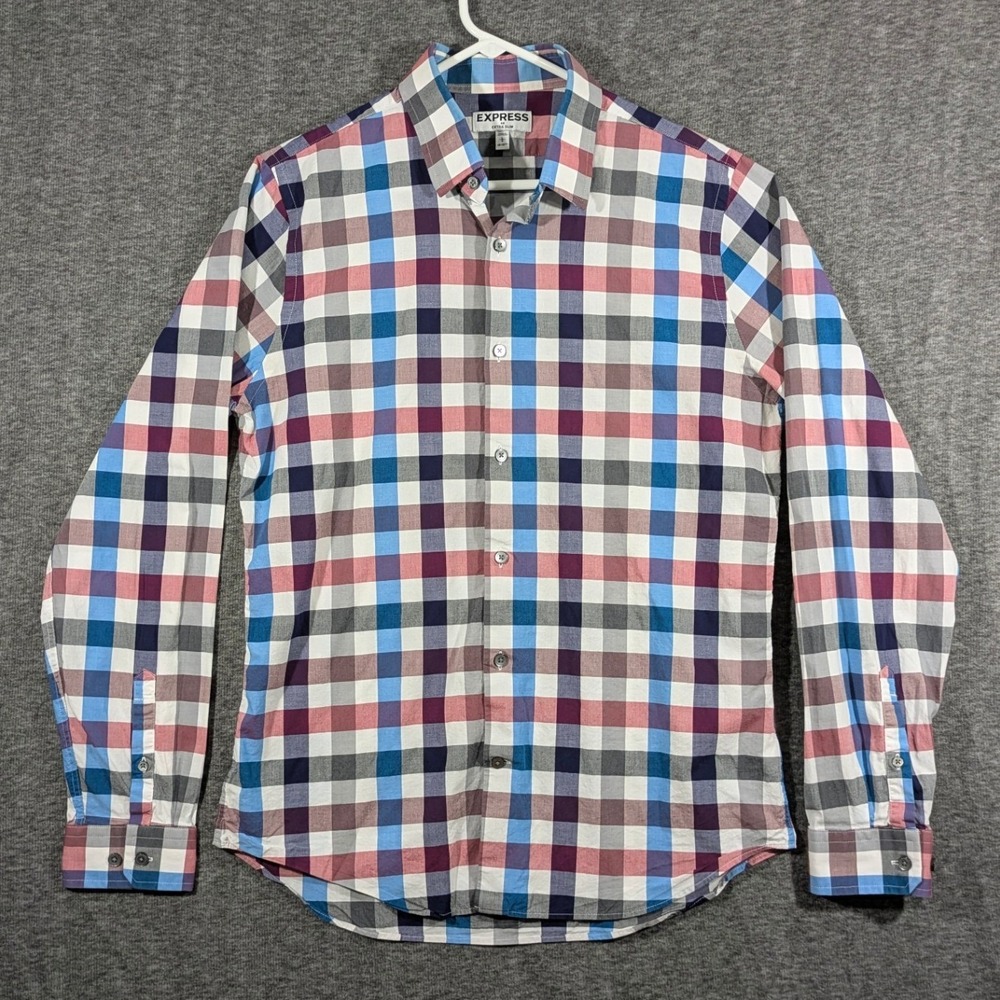 Express Extra Slim Mens Multi Color Gingham Check Long Sleeve Button Down Sz L